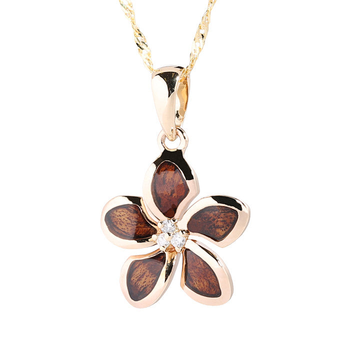 14K Yellow Gold Koa Wood Inlay Plumeria with Three Diamonds Plumeria Pendant