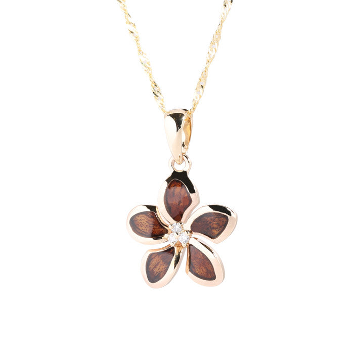 14K Yellow Gold Koa Wood Inlay Plumeria with Three Diamonds Plumeria Pendant