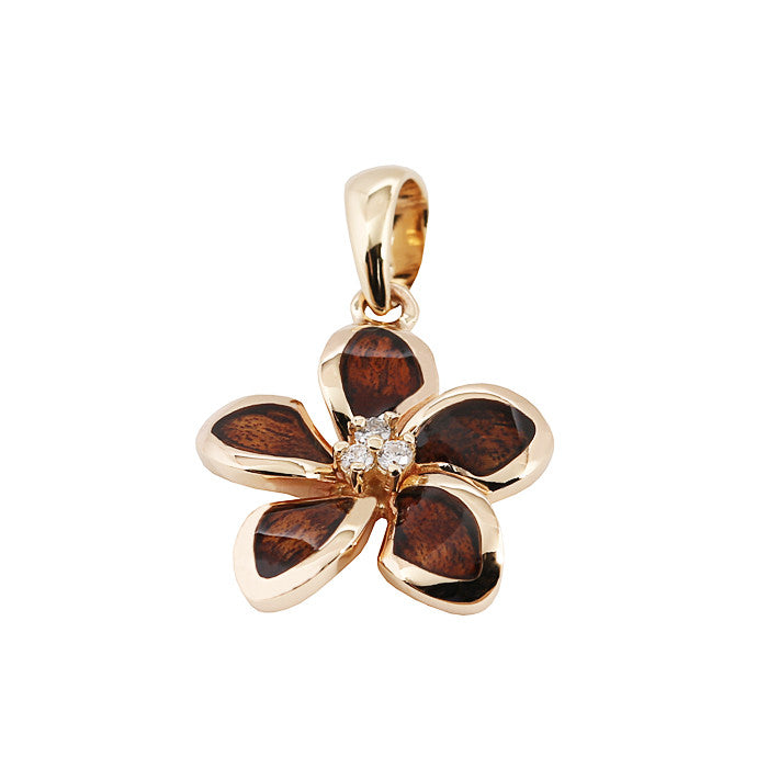 14K Yellow Gold Koa Wood Inlay Plumeria with Three Diamonds Plumeria Pendant