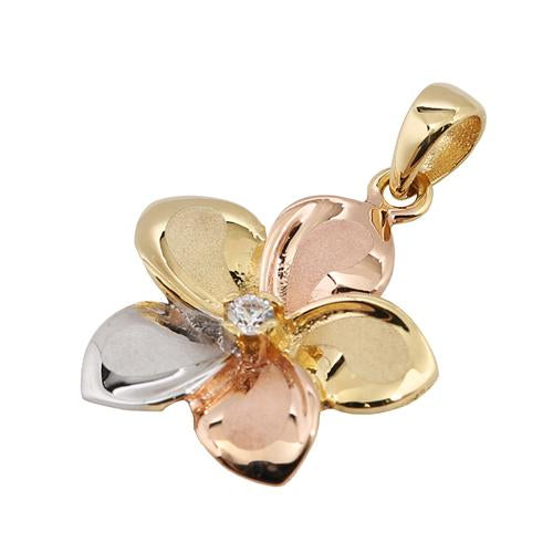 14K Tri-Color Gold Plumeria Pendant with CZ (S/M) (Chain Sold Separately)