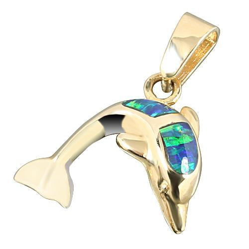 14K Yellow Gold Opal Inlaid Dolphin Pendant (Chain Sold Separately)