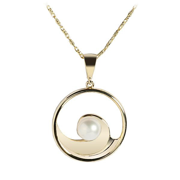 14K Yellow Gold Wave Incircle Pendant w/Pearl(Chain Sold Separately)
