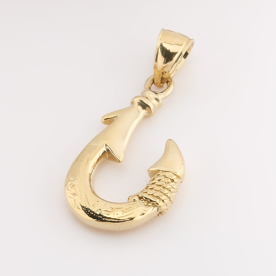 14K Solid Yellow Gold High Polish Fish Hook Pendant (Chain Sold