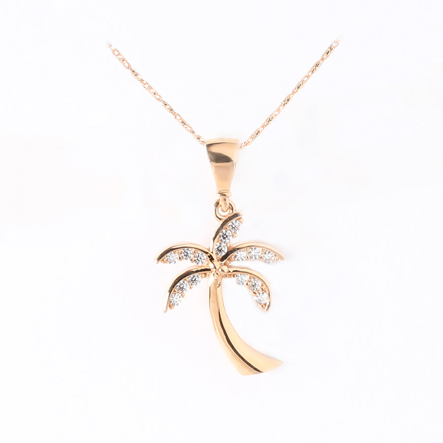14K Solid Pink Gold Palm Tree Pendant w/cz (Chain Sold Separately)