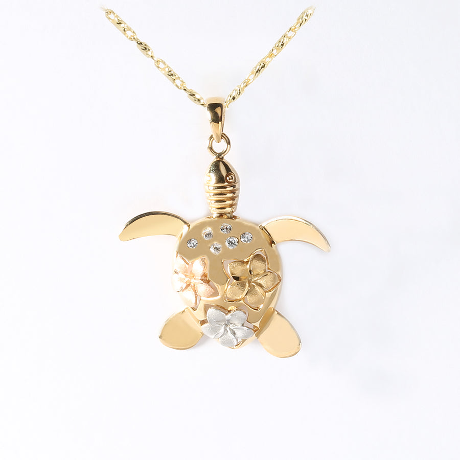 14K Solid Yellow Gold Sea Turtle Pendant w/Plumeria (Chain Sold Separately)