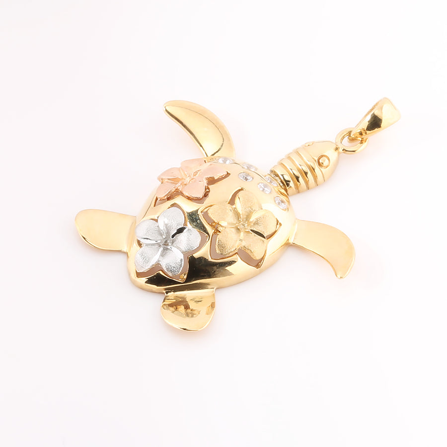 14K Solid Yellow Gold Sea Turtle Pendant w/Plumeria (Chain Sold Separately)