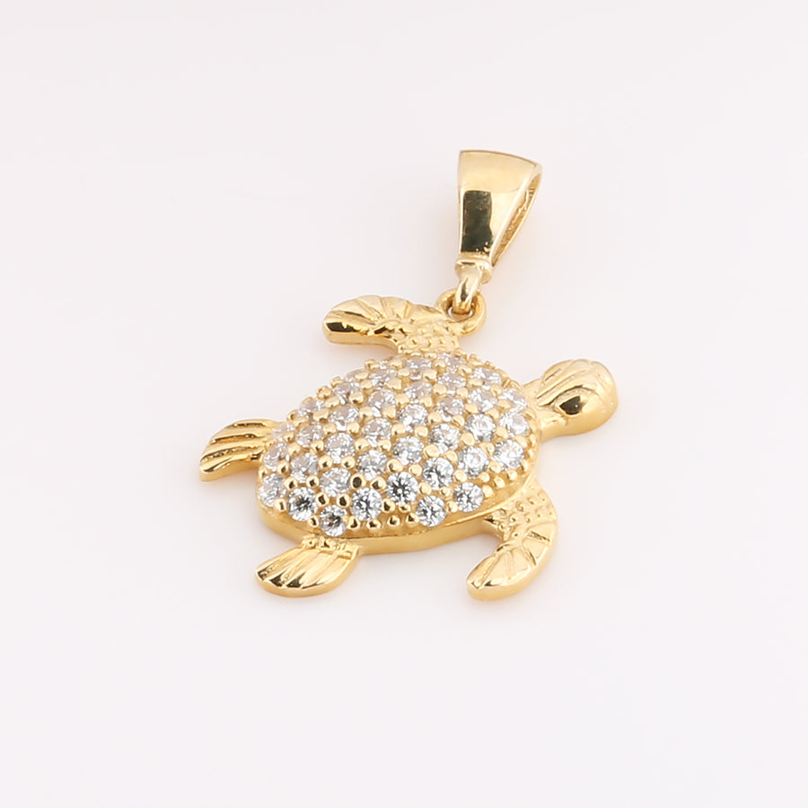 14K Solid Yellow Gold See Turtle Pendant w/cz Sideways (Chain Sold Separately)