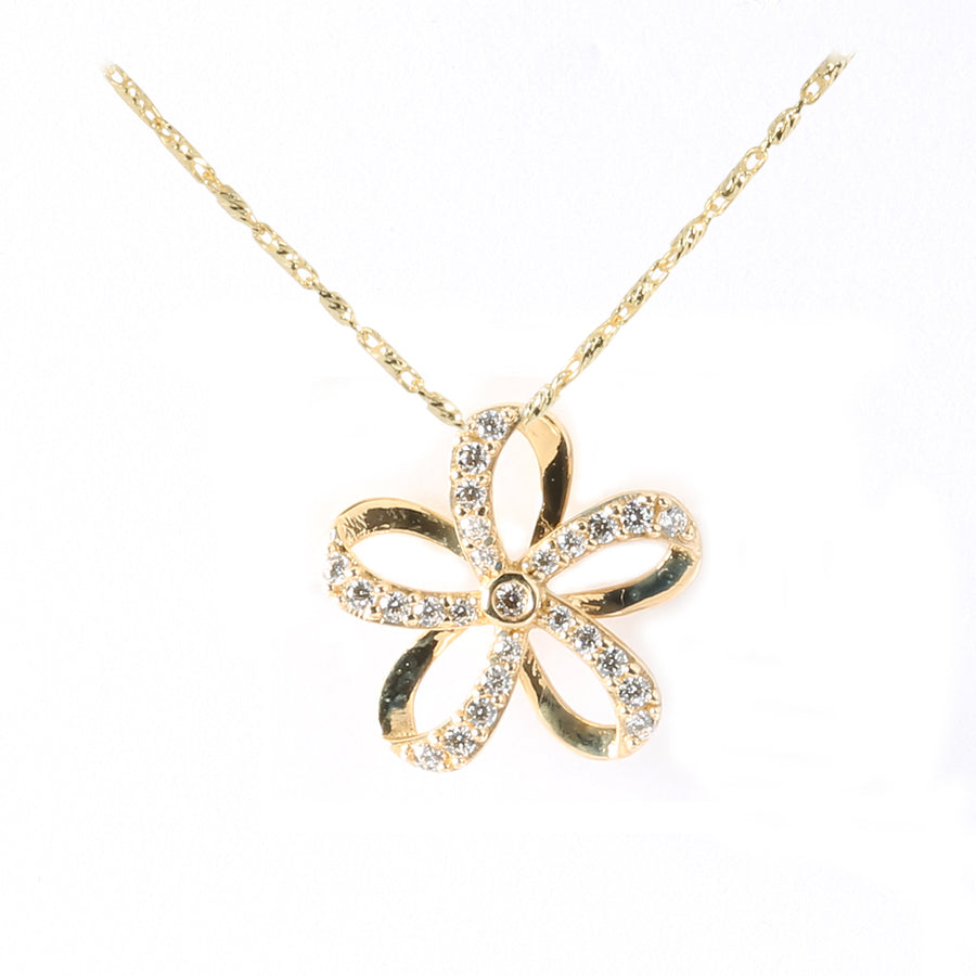 14K Solid Yellow Gold Floating Plumeria Pendant w/CZ (Chain Sold Separately)