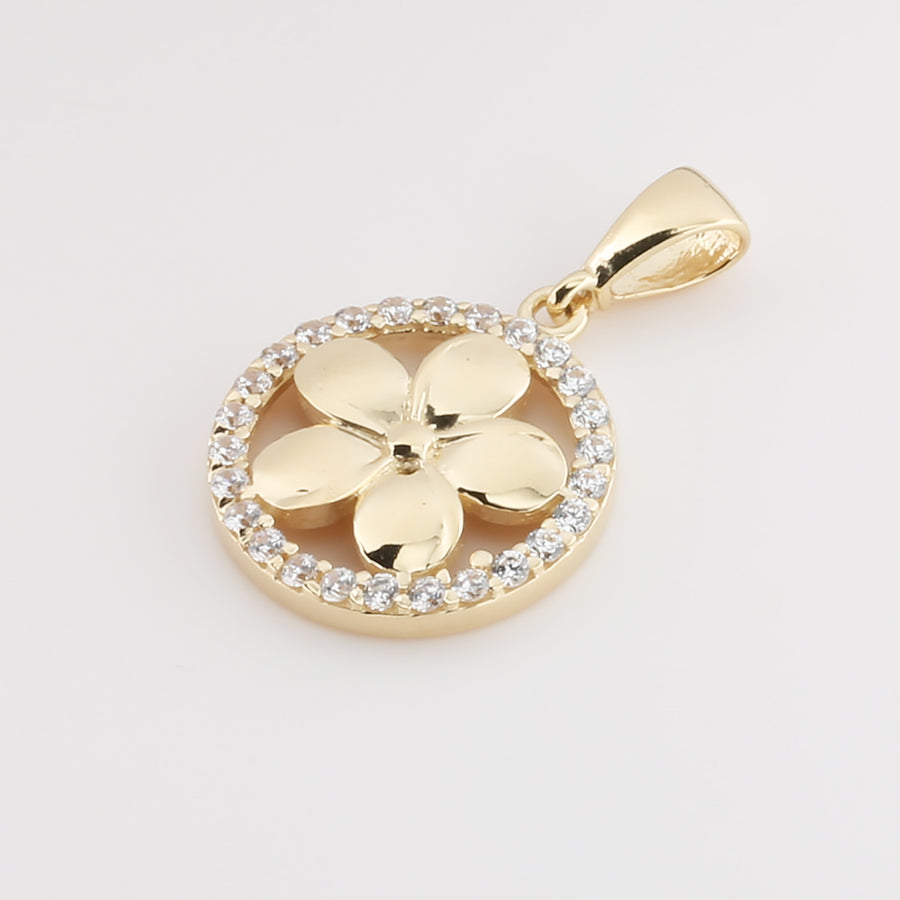 14K Solid Yellow Gold Plumeria Pendant w/CZ (Chain Sold Separately)