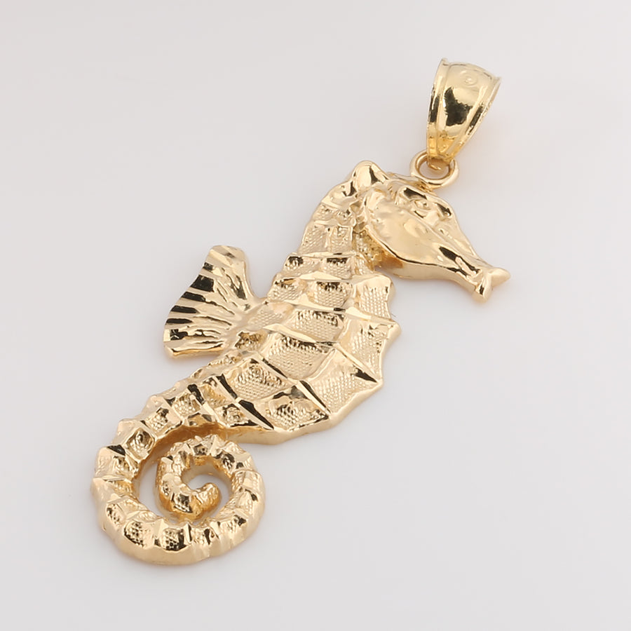 14K Solid Yellow Gold Seahorse Pendant(L) (Chain Sold Separately)