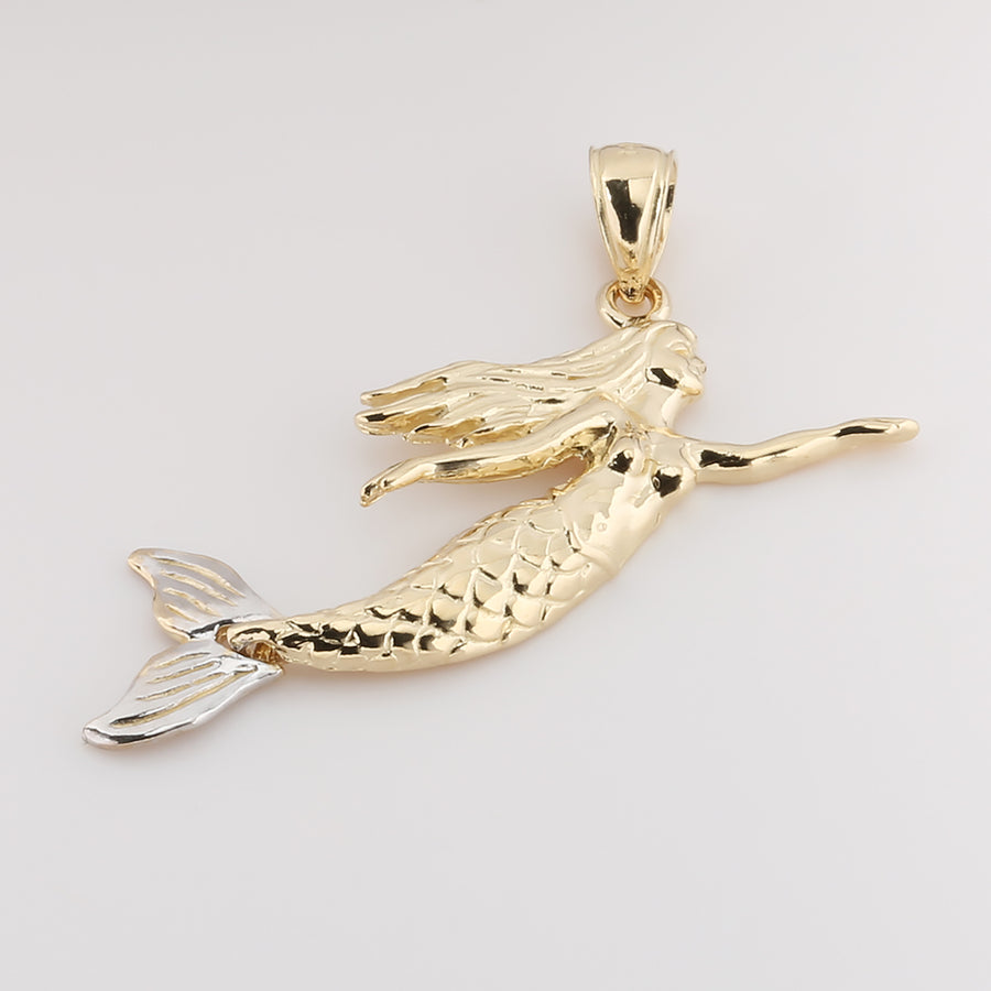14K Solid Yellow Gold Mermaid Pendant Two Tone (Chain Sold Separately)