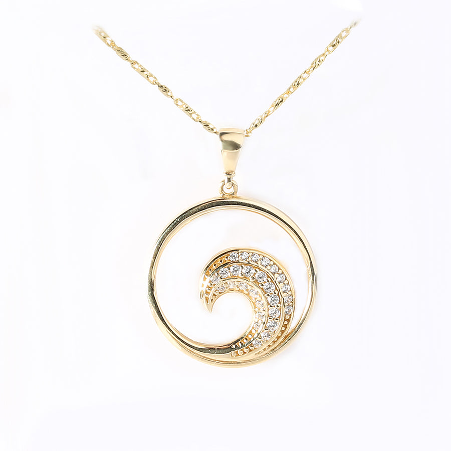 14K Solid Yellow Gold Wave Pendant w/CZ (Chain Sold Separately)
