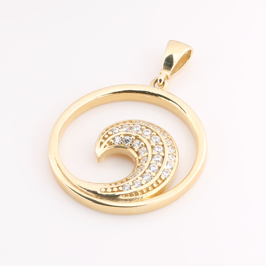 14K Solid Yellow Gold Wave Pendant w/CZ (Chain Sold Separately)