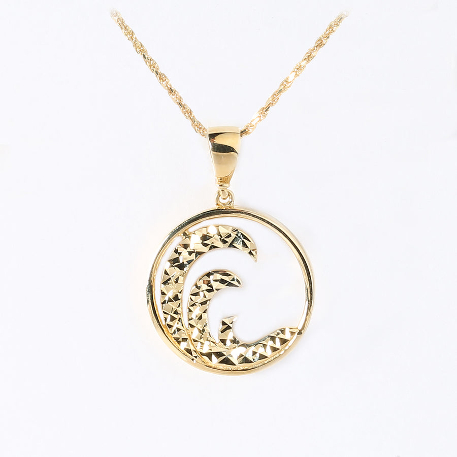 14K Solid Yellow Gold Wave Pendant Diamond Cut(S) (Chain Sold Separately)