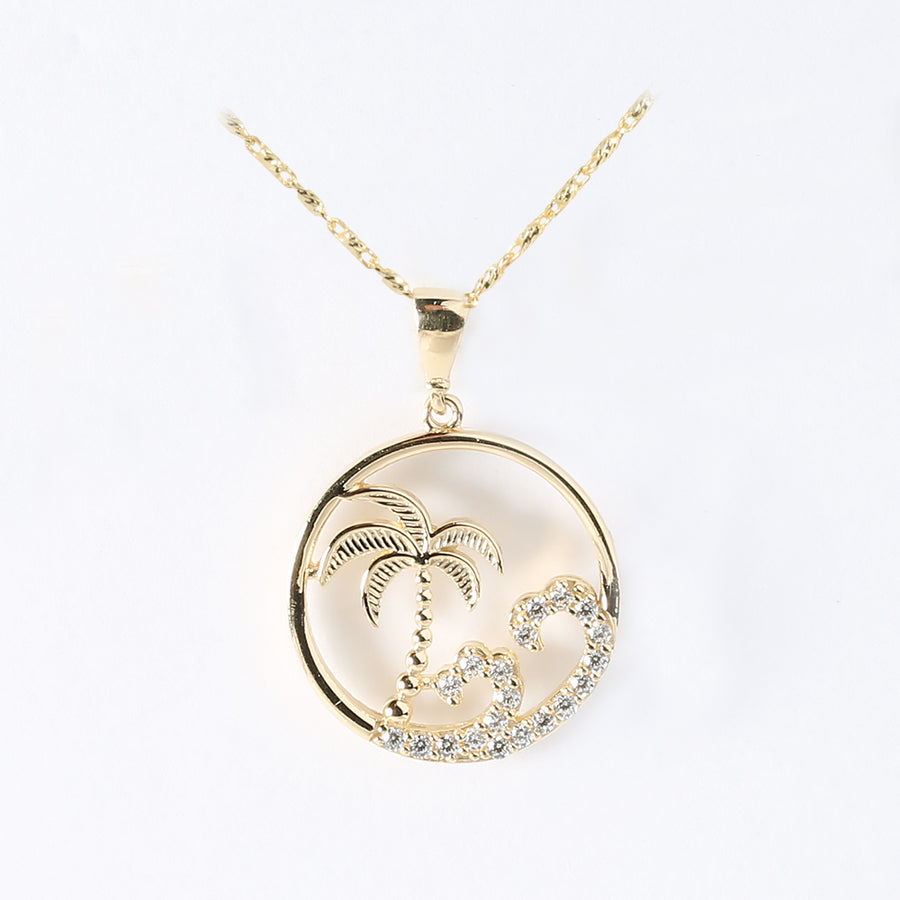 14K Solid Yellow Gold Island Pendant Wave/CZ (Chain Sold Separately)