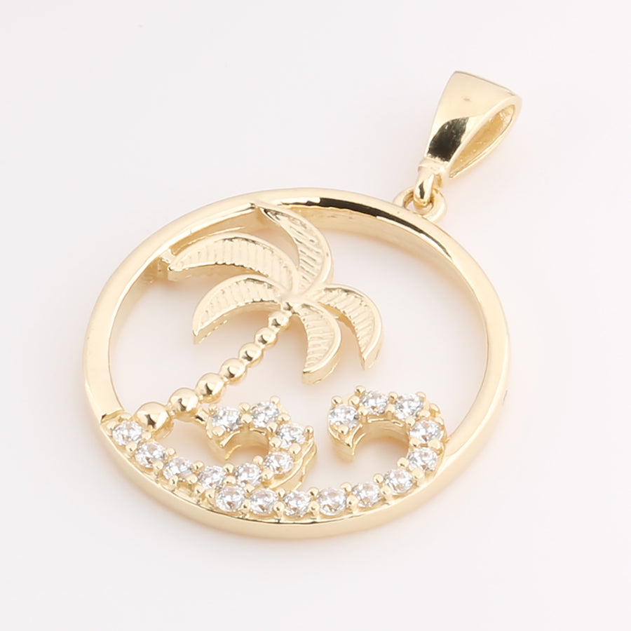 14K Solid Yellow Gold Island Pendant Wave/CZ (Chain Sold Separately)