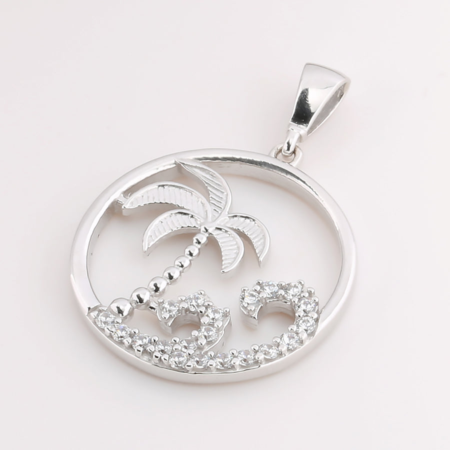 14K Solid White Gold Island Pendant Wave/CZ (Chain Sold Separately)