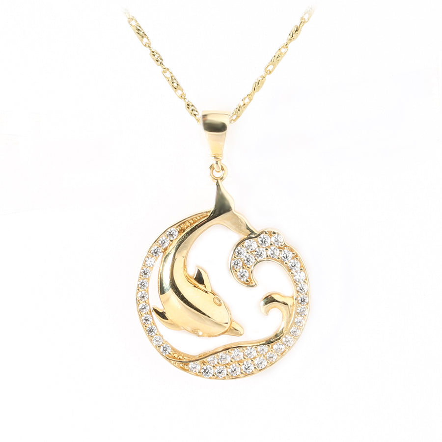 14K Solid Yellow Gold Island Pendant Diving Dolphin, Wave (Chain Sold Separately)