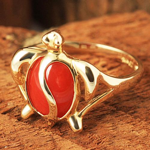 14K Yellow Gold Honu (Hawaiian Turtle) with Red Coral Inlaid Ring
