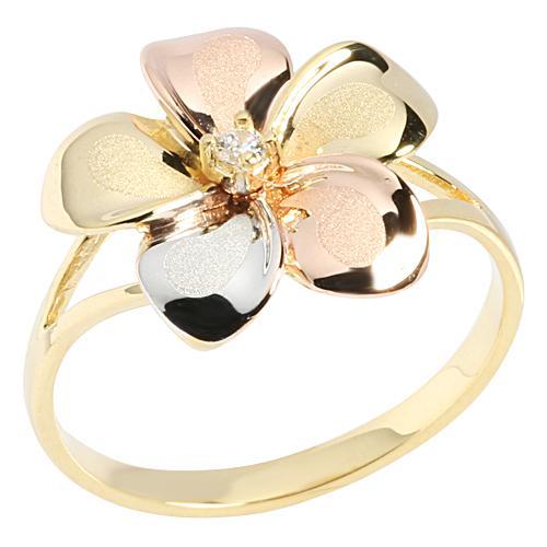 14K Gold tri-color Plumeria Ring with CZ Sandblast Polish Edge 15mm - Hanalei Jeweler