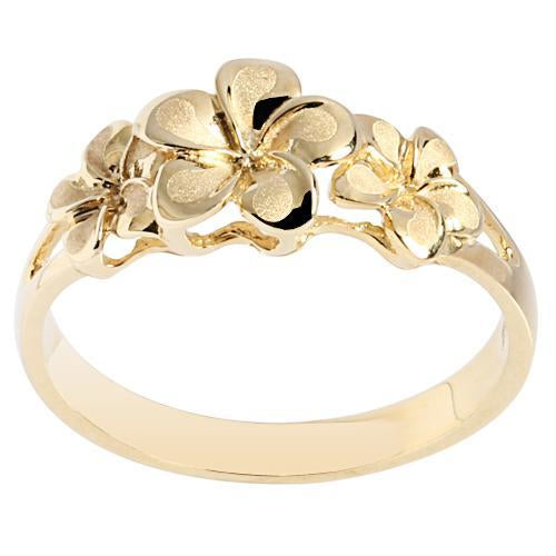 14K Yellow Gold Triple Plumeria Ring Sandblast Polish Edge 6-8-6 - Hanalei Jeweler