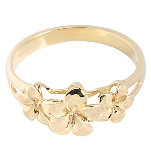 14K Yellow Gold Triple Plumeria Ring Sandblast Polish Edge 6-8-6 - Hanalei Jeweler