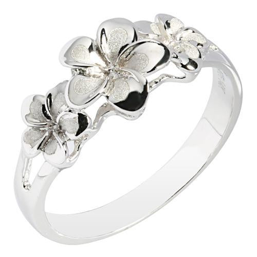 14K White Gold Triple Plumeria Ring NO CZ Sandblast Polish Edge - Hanalei Jeweler