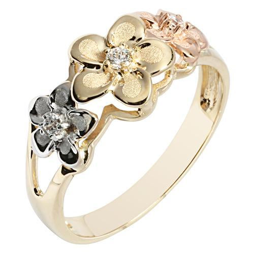 14K Gold Tri-color Triple Plumeria Ring with CZ Sandblast Polish Edge 6-8-6 - Hanalei Jeweler