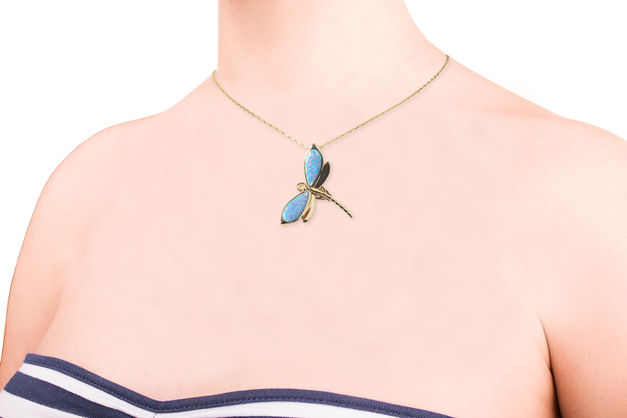 14K Yellow Gold Dragonfly with Blue Opal Pendant (Chain Sold Separately)