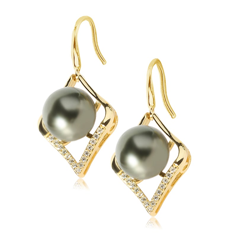 Tahitian Cultured Pearl in Sterling Silver Yellow Gold Plated Diamond Shape Hook Earrings 9-10mm