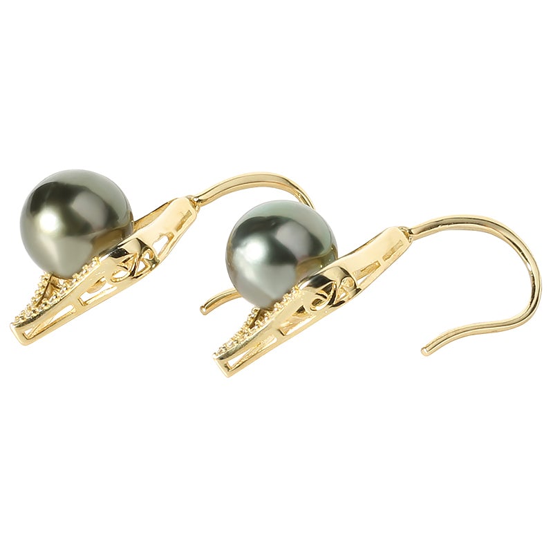 Tahitian Cultured Pearl in Sterling Silver Yellow Gold Plated Diamond Shape Hook Earrings 9-10mm