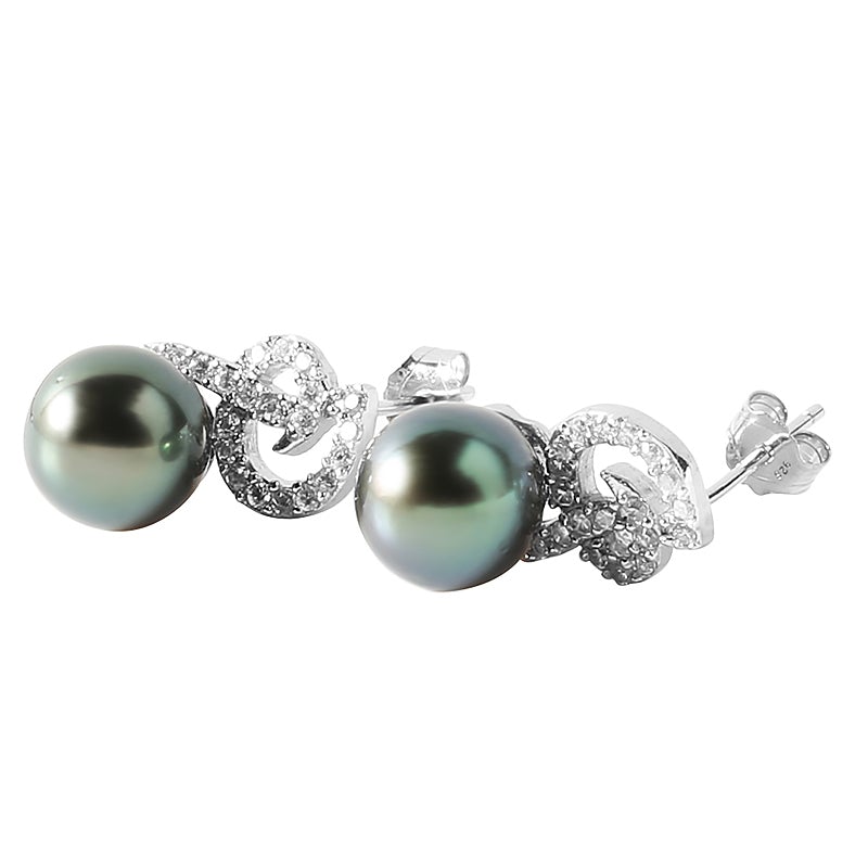 Tahitian Cultured Pearl in Sterling Silver with CZ Setting Post Earrings 8-9mm