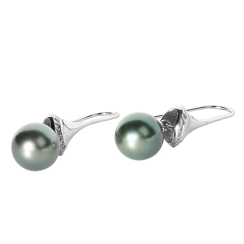 Tahitian Cultured Pearl Sterling Silver with CZ Setting Hook Earrings 8-9mm