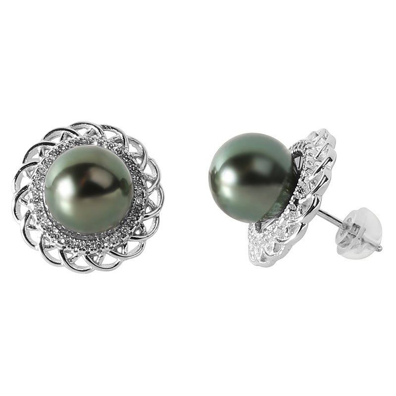 Tahitian Cultured Pearl in Sterling Silver with CZ Setting Post Earrings 9-10mm