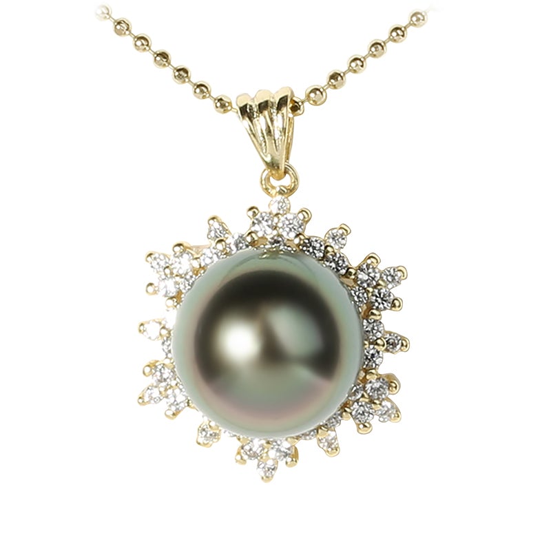 Tahitian Cultured Pearl in Sterling Silver Yellow Gold Plated with CZ Sunflower Setting 11-12mm (Chain Sold Separately)