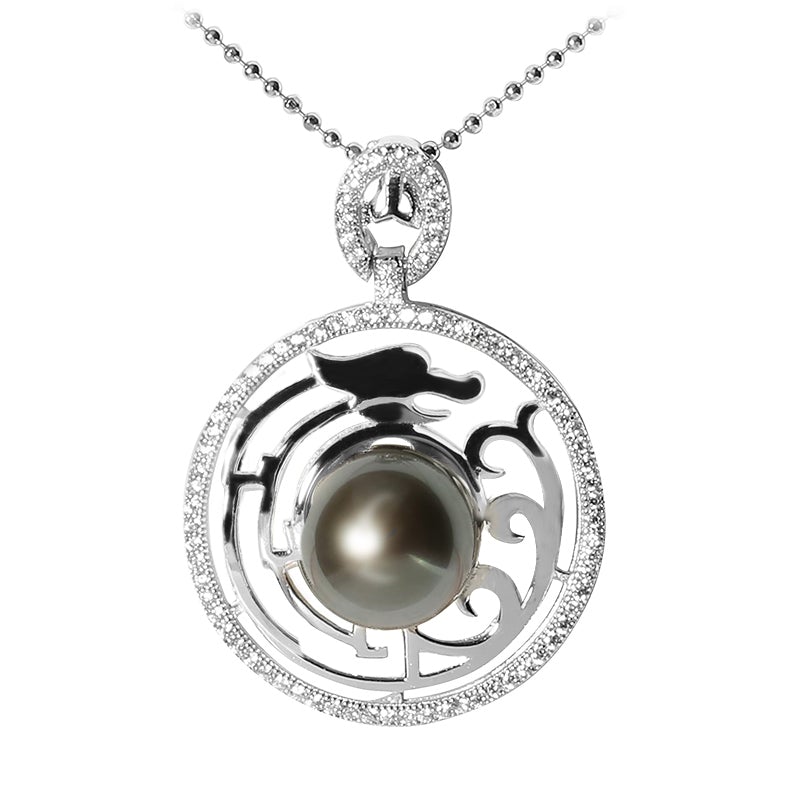 Tahitian Cultured Pearl in Sterling Silver with CZ Circle Pendant 10-11mm (Chain Sold Separately)