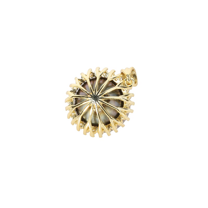 Tahitian Cultured Pearl in Sterling Silver Yellow Gold Plated CZ Sunflower Pendant 12-13mm (Chain Sold Separately)