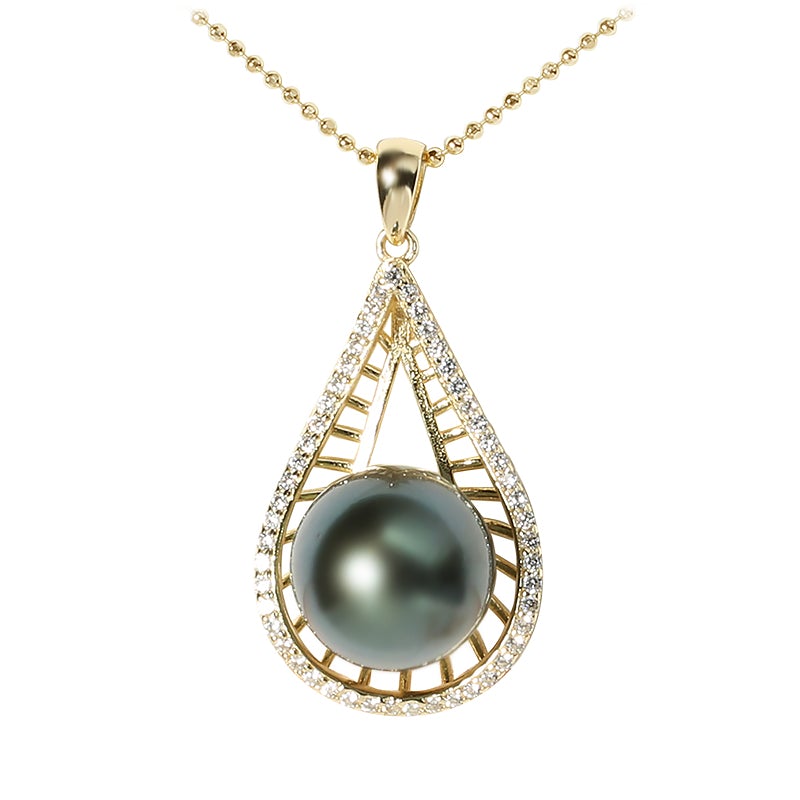 Tahitian Cultured Pearl in Sterling Silver Yellow Gold Plated with CZ Setting Pendant 13-14mm (Chain Sold Separately)