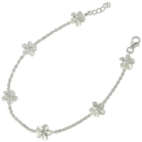 Sterling Silver 8mm Plumeria with CZ Rope Chain Bracelet