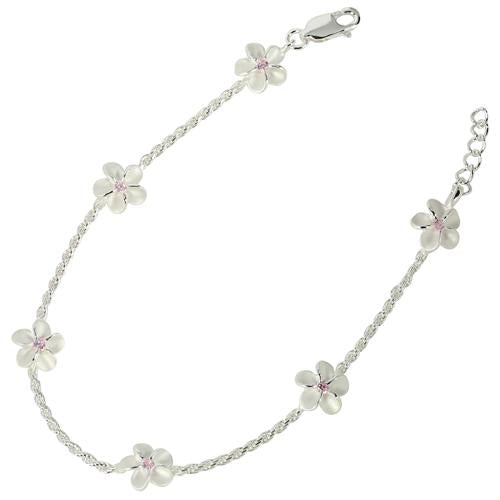 Sterling Silver 8mm Plumeria with Pink CZ Rope Chain Bracelet