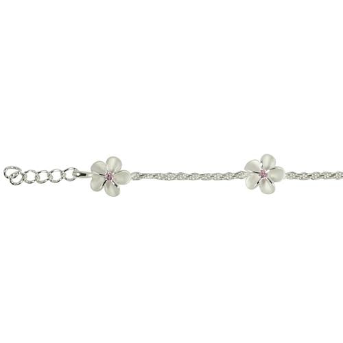 Sterling Silver 8mm Plumeria with Pink CZ Rope Chain Bracelet