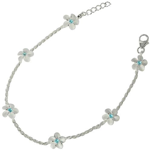 Sterling Silver 8mm Plumeria with Blue CZ Rope Chain Bracelet