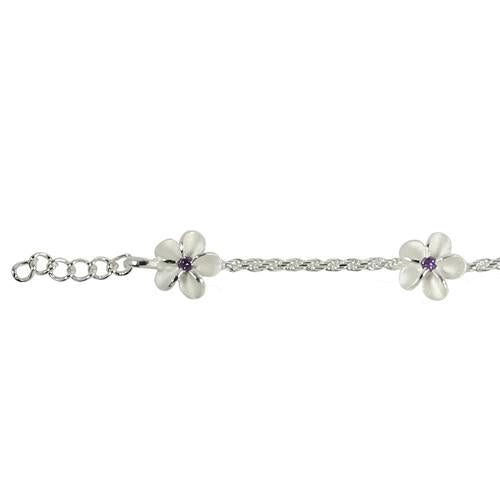 Sterling Silver 8mm Plumeria with Purple CZ Rope Chain Bracelet