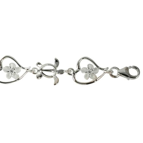 Sterling Silver Honu (Hawaiian Turtle) and Plumeria with CZ in Heart Bracelet
