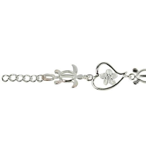Sterling Silver Honu (Hawaiian Turtle) and Plumeria with CZ in Heart Bracelet