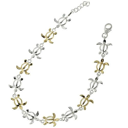 Sterling Silver Two-Tone Yellow Gold Plated Honu (Hawaiian Turtle) Bracelet