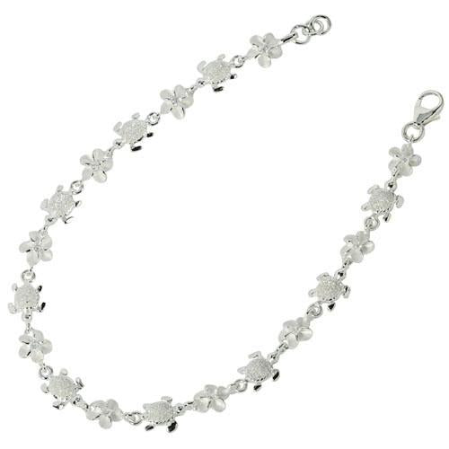 Sterling Silver Honu (Hawaiian Turtle) and 6mm Plumeria with CZ Bracelet