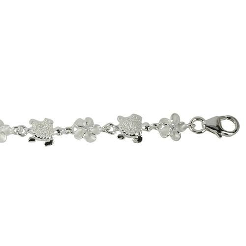 Sterling Silver Honu (Hawaiian Turtle) and 6mm Plumeria with CZ Bracelet