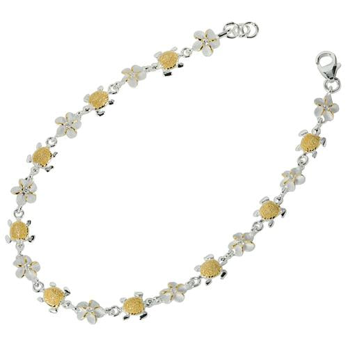 Sterling Silver Two-Tone Yellow Gold Plated Honu (Hawaiian Turtle) and 6mm Plumeria with CZ Bracelet