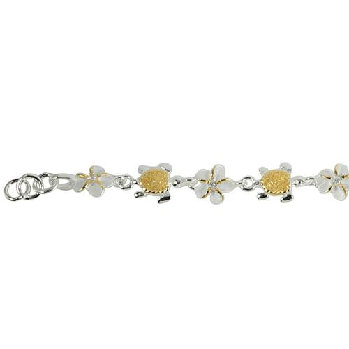 Sterling Silver Two-Tone Yellow Gold Plated Honu (Hawaiian Turtle) and 6mm Plumeria with CZ Bracelet